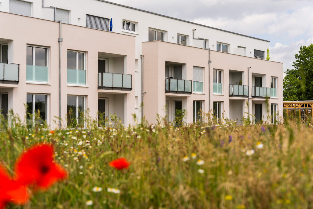 Die Wohnanlage in Kirrlach mit großzügigen Balkonen, bodentiefen Fenstern und einer naturnahen Blumenwiese im Vordergrund.