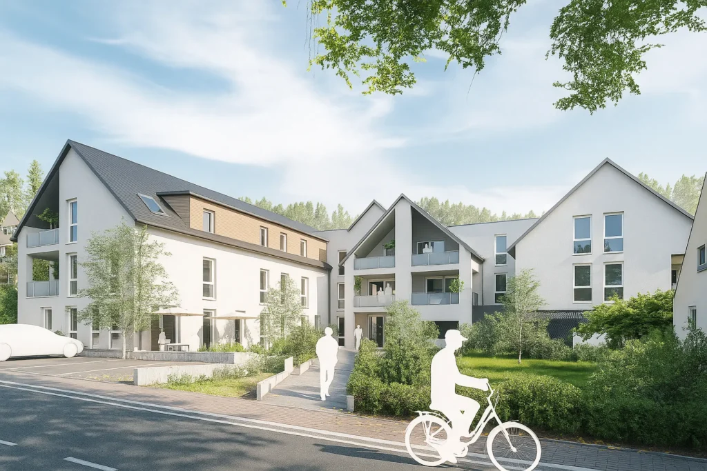 Visualisierung der modernen, barrierefreien Seniorenwohnungen in Fischerbach mit grüner Umgebung und großzügigen Balkonen