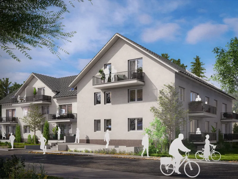 Eine Visualisierung von außen, von den beiden Neubau Mehrfamilienhäusern in Sinzheim.