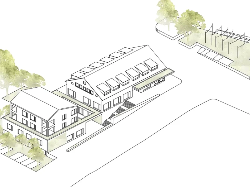 Lageplan des Projekts Alte Winzergenossenschaft Fessenbach mit Gebäudestruktur, Grünflächen und Nachbarschaft.