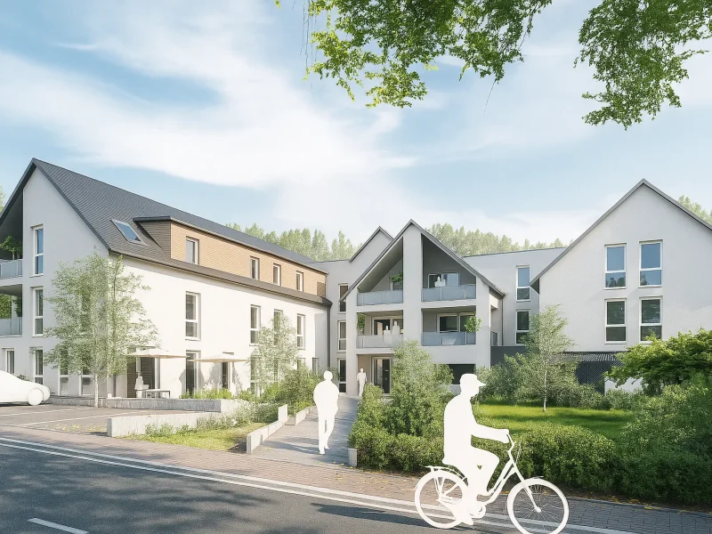 Visualisierung der modernen, barrierefreien Seniorenwohnungen in Fischerbach mit grüner Umgebung und großzügigen Balkonen
